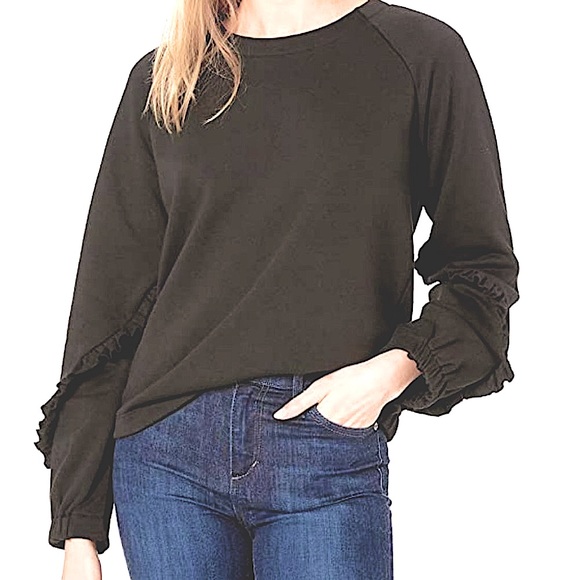 KENSIE Black Sweatshirt w/Open Back KeyHole Detail, BowTie, Ruffle Sleeve NWT Sm - Picture 2 of 8